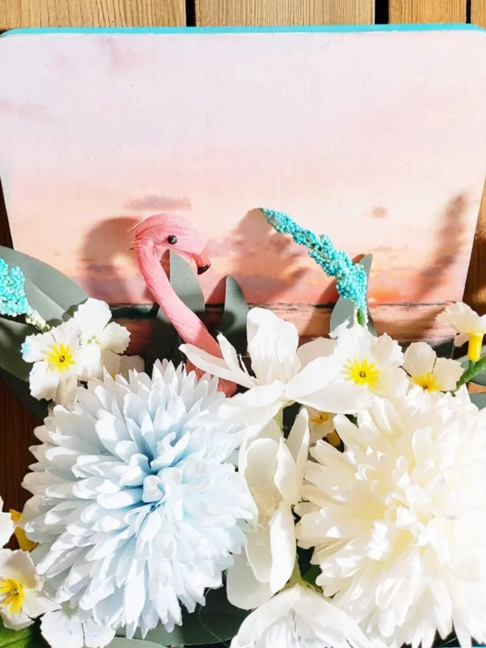 Summer Artificial Flower Arrangement in Wooden Decoupaged Planter - Picture 4 of 4